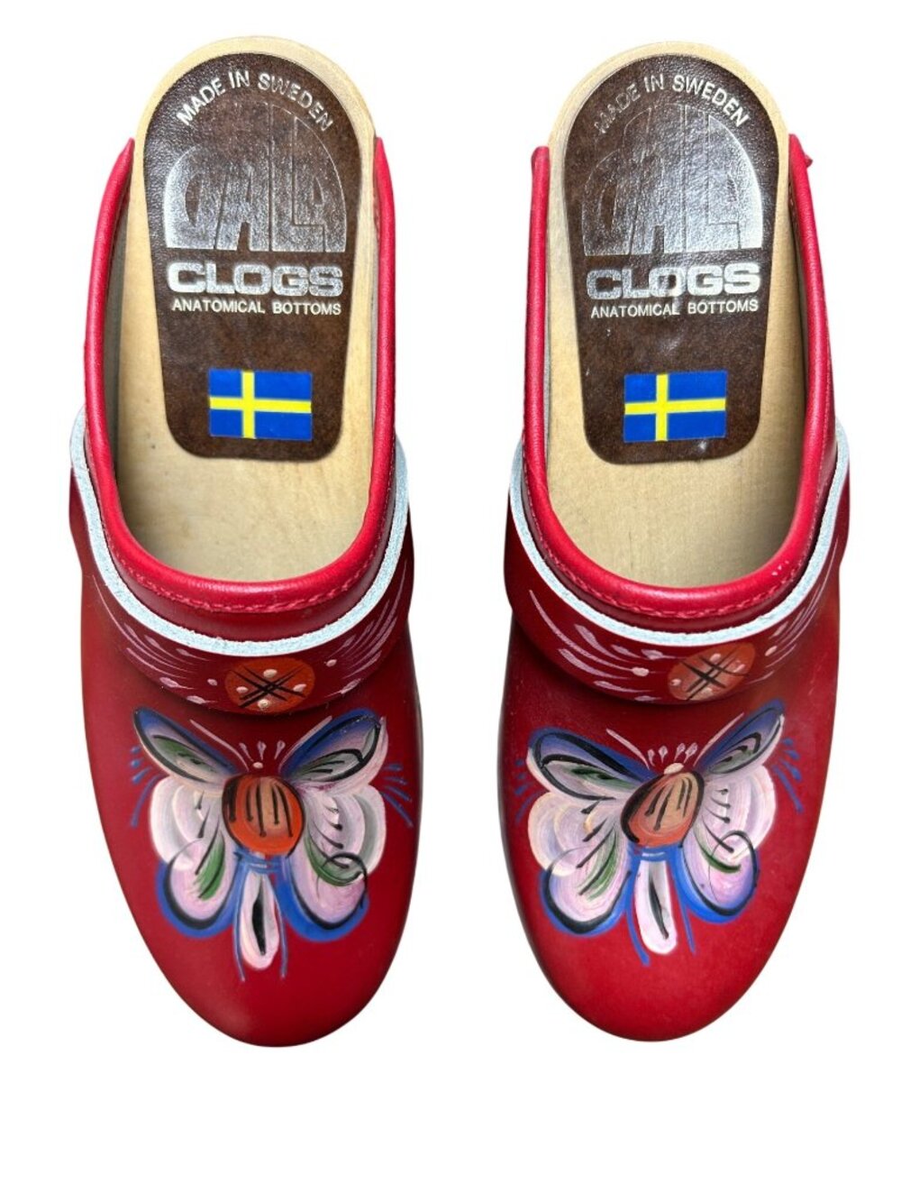 Hand-Painted Swedish Clogs Red Leather With Floral Design Size 7 By Dala Clogs - Picture 2 of 12
